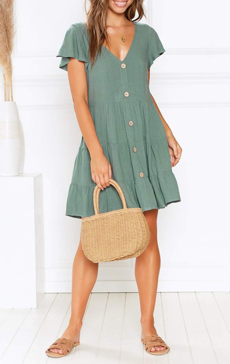 MITILLY Women's Summer Short Sleeve V Neck Button Down Casual Tunic Dress with Pockets X-Large Sage - Image 5